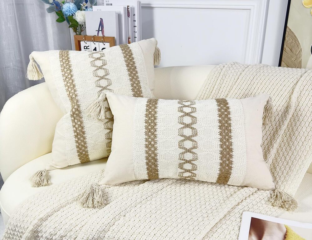 8655 Boho Throw Pillow Covers 22x22,Cute Pillow Cover with Tassels,Neutral - Picture 2 of 6